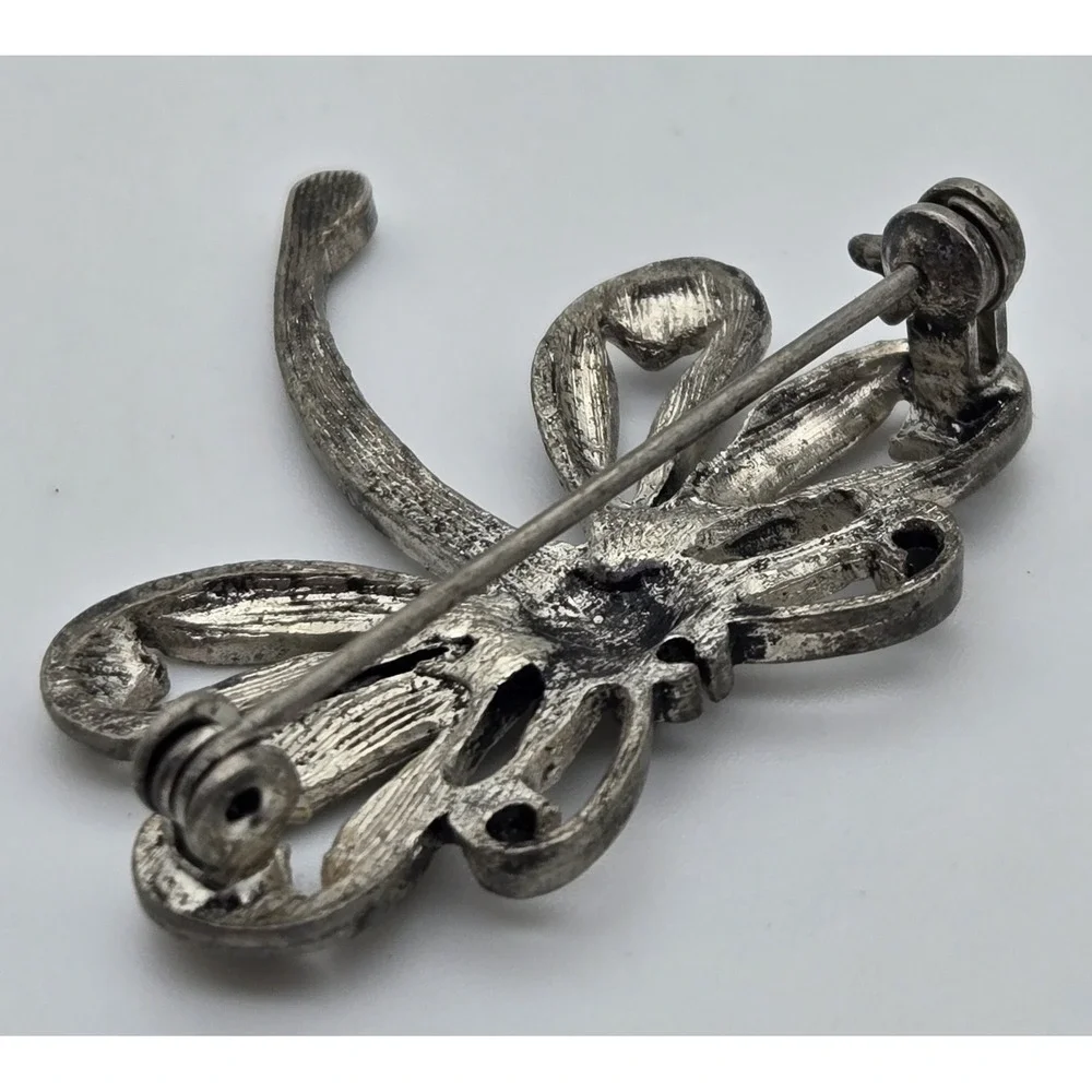 Vintage Dragonfly Brooch Silver Tone‎ Marcasite Style AB Rhinestone Insect Pin